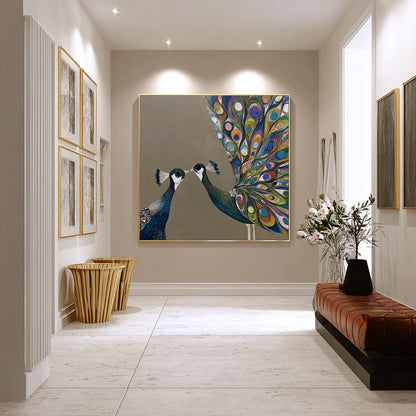 Modern Abstract Peacock Couple Wall Art Brown Canvas Painting Enterway