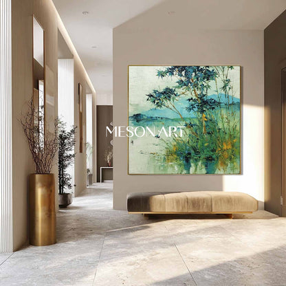 Textured Wabi-Sabi Landscape Canvas – Bamboo, Water & Distant Hills