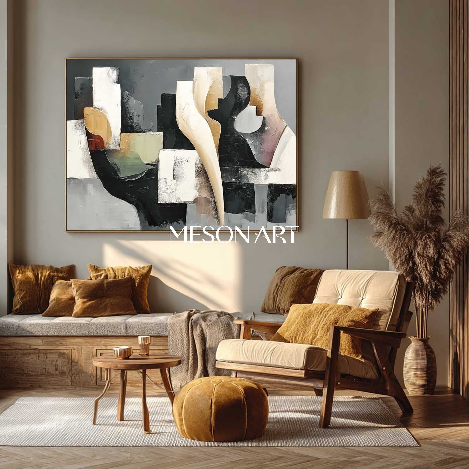 Buy Abstract Geometric Oil Painting Black White Cubist Modern Canvas