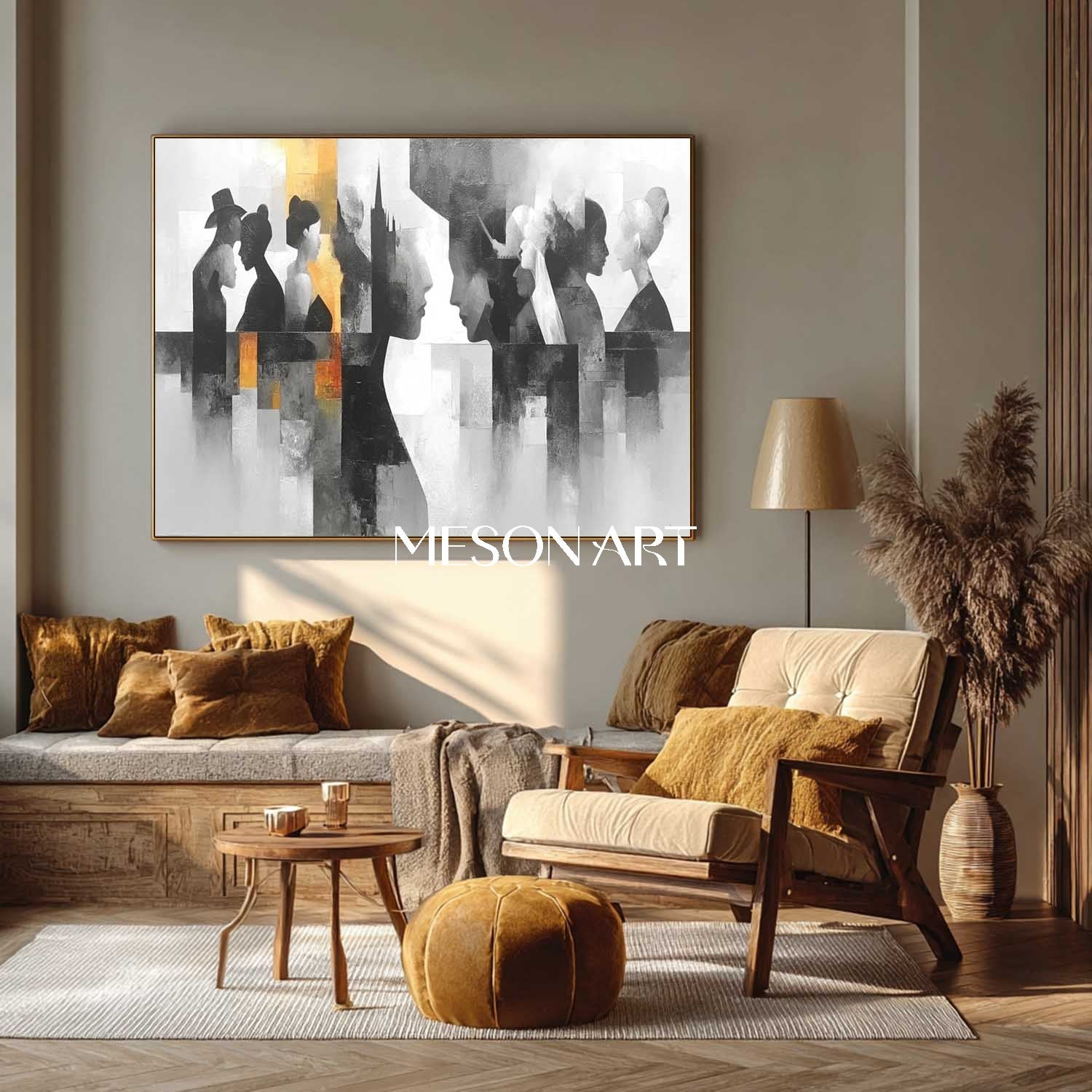 Buy Abstract Silhouette Figures Oil Painting Black White Geometric Art