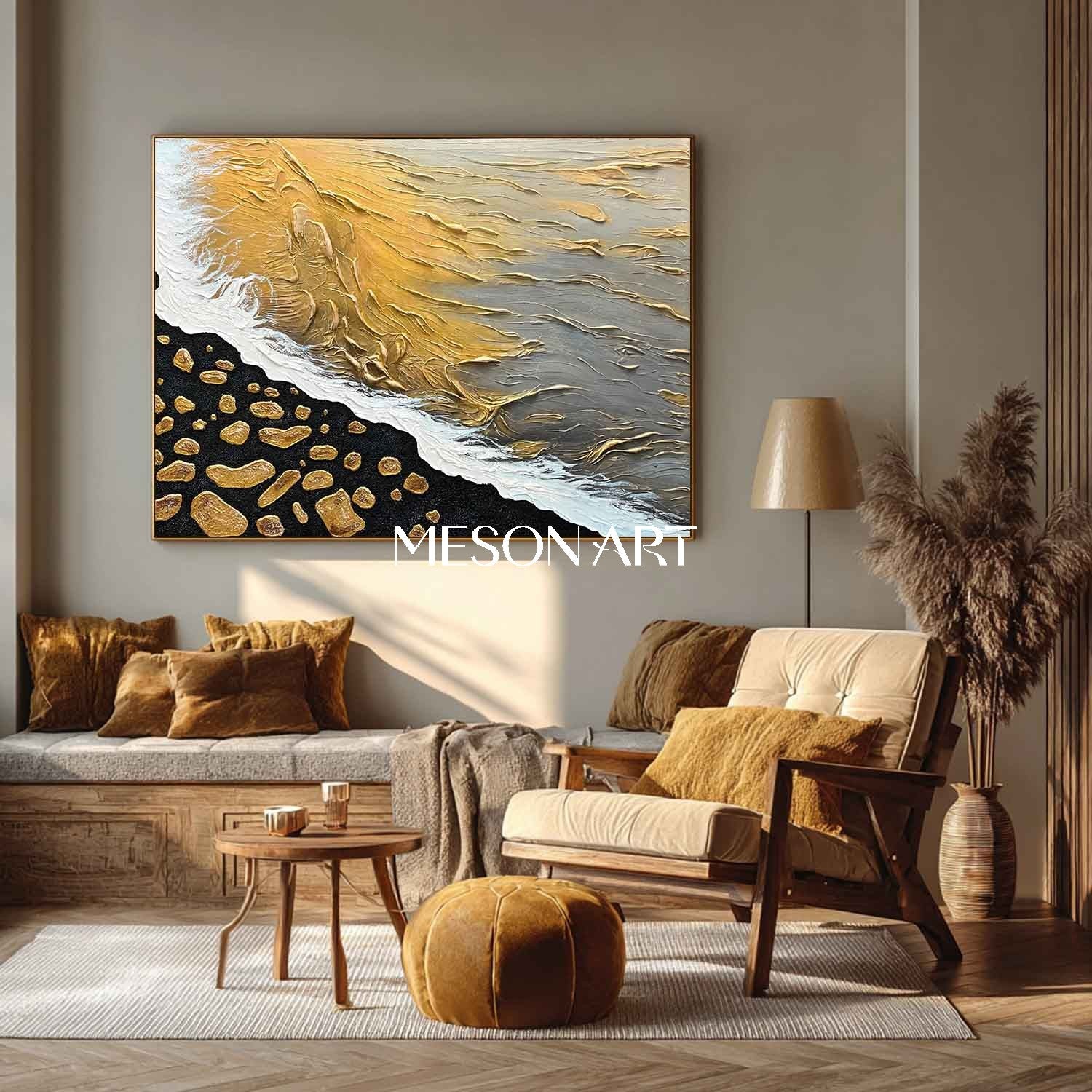 Gold and Black Wave and Beach Textured Canvas Art, Wave and Beach Texture Painting