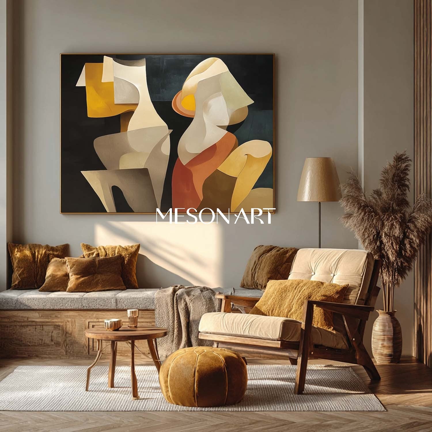 Large Black Canvas Minimalist Painting Horizontal Cubist Figure Art