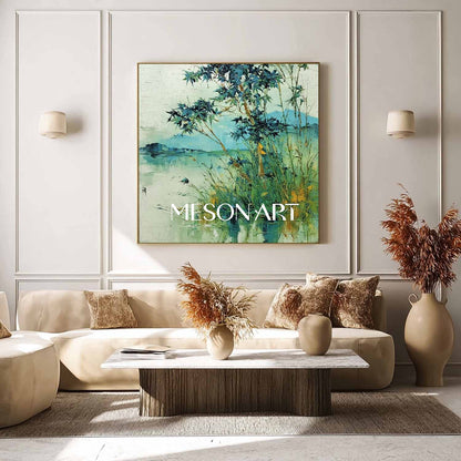 Textured Wabi-Sabi Landscape Canvas – Bamboo, Water & Distant Hills