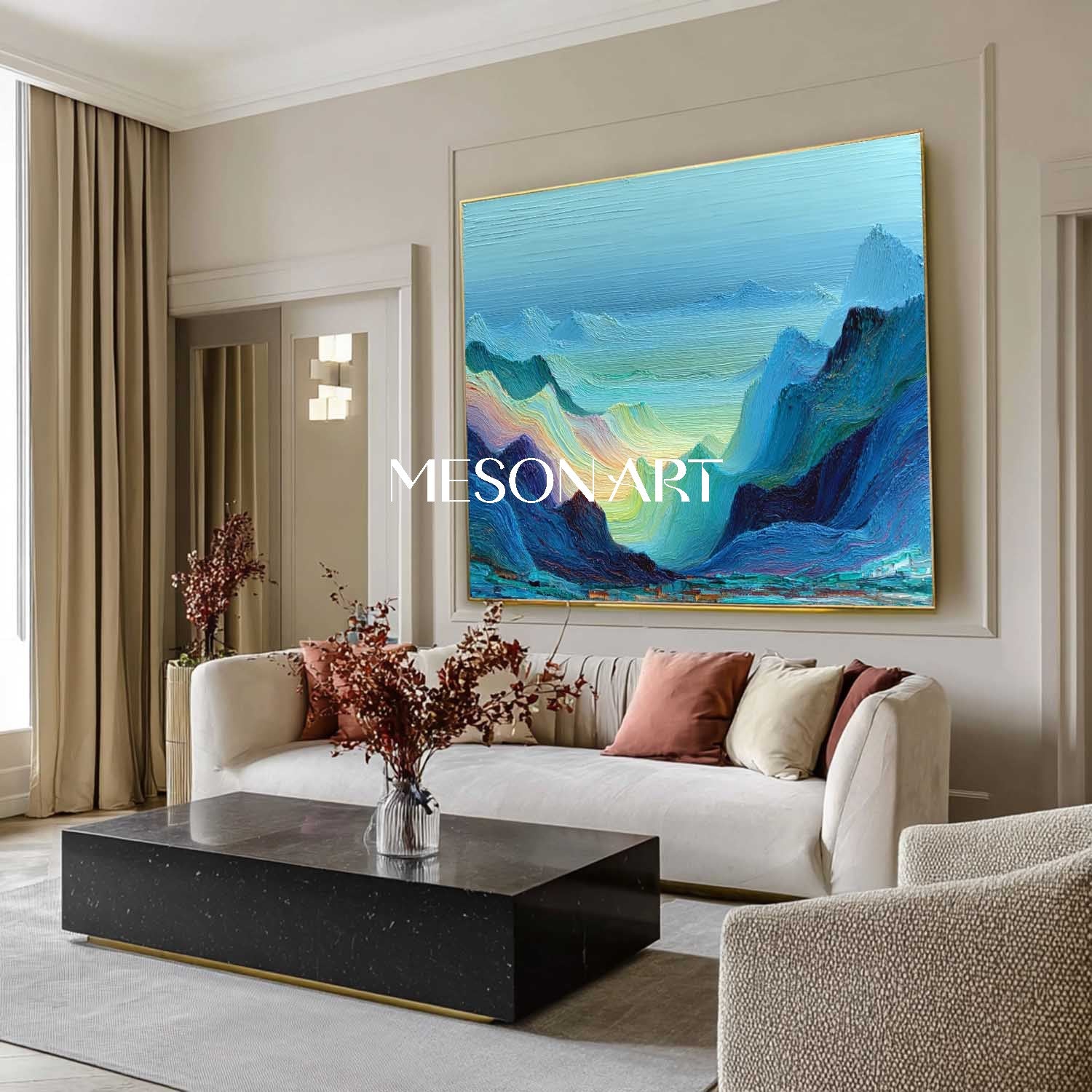 Misty Blue Mountains Wall Art – Textured Abstract Landscape Canvas