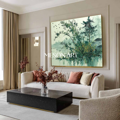 Japanese Wabi-Sabi Wall Art – Textured Nature Scene in Greens