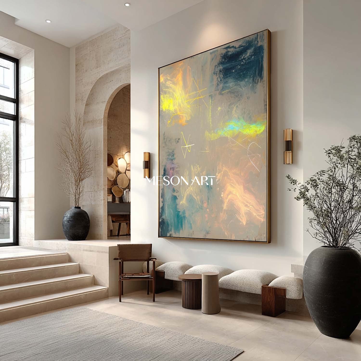 Large Gold and light blue abstract canvas art for sale modern wall art decor gold abstract art