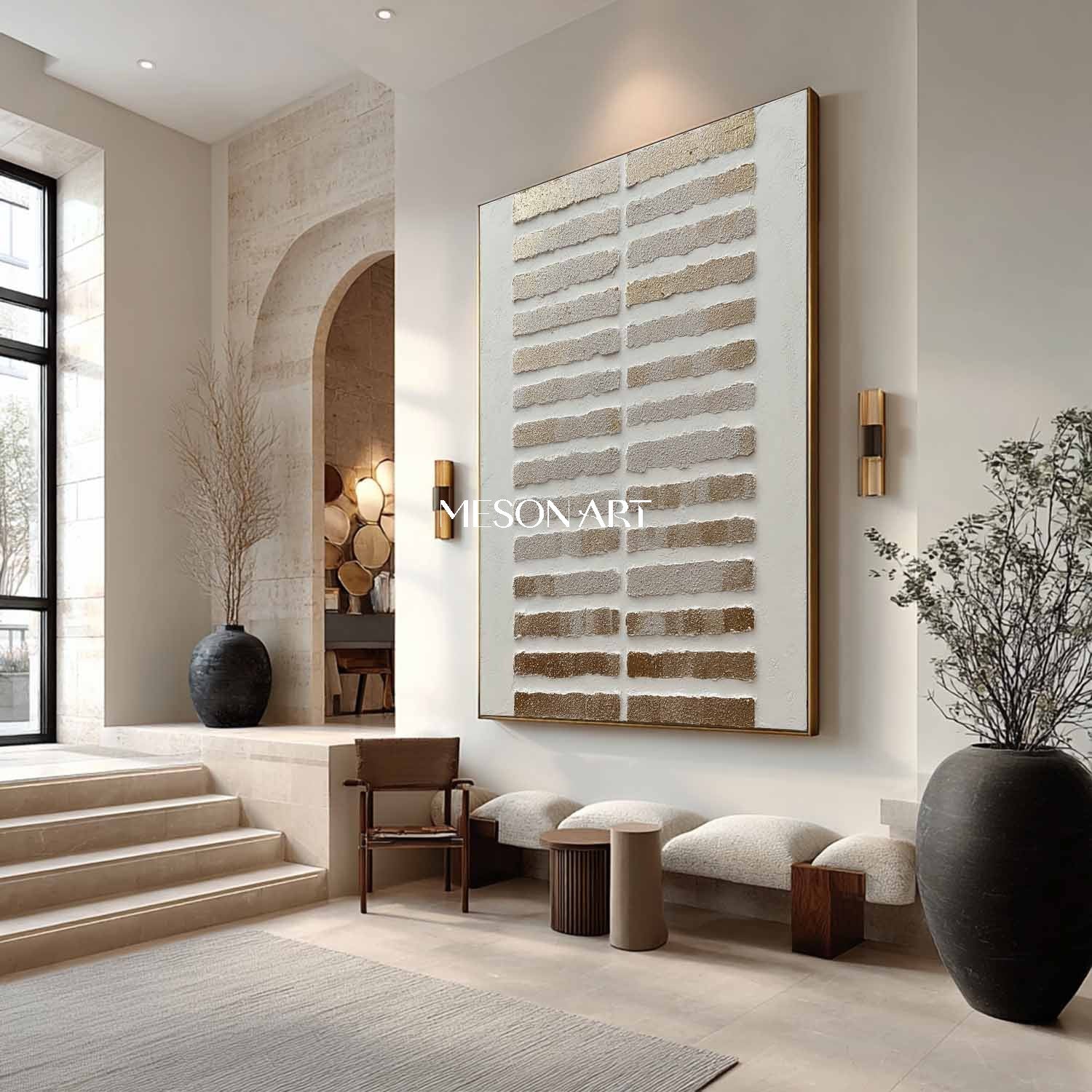 Golden rectangle abstract texture painting. Gold and white minimalist canvas wall art decoration