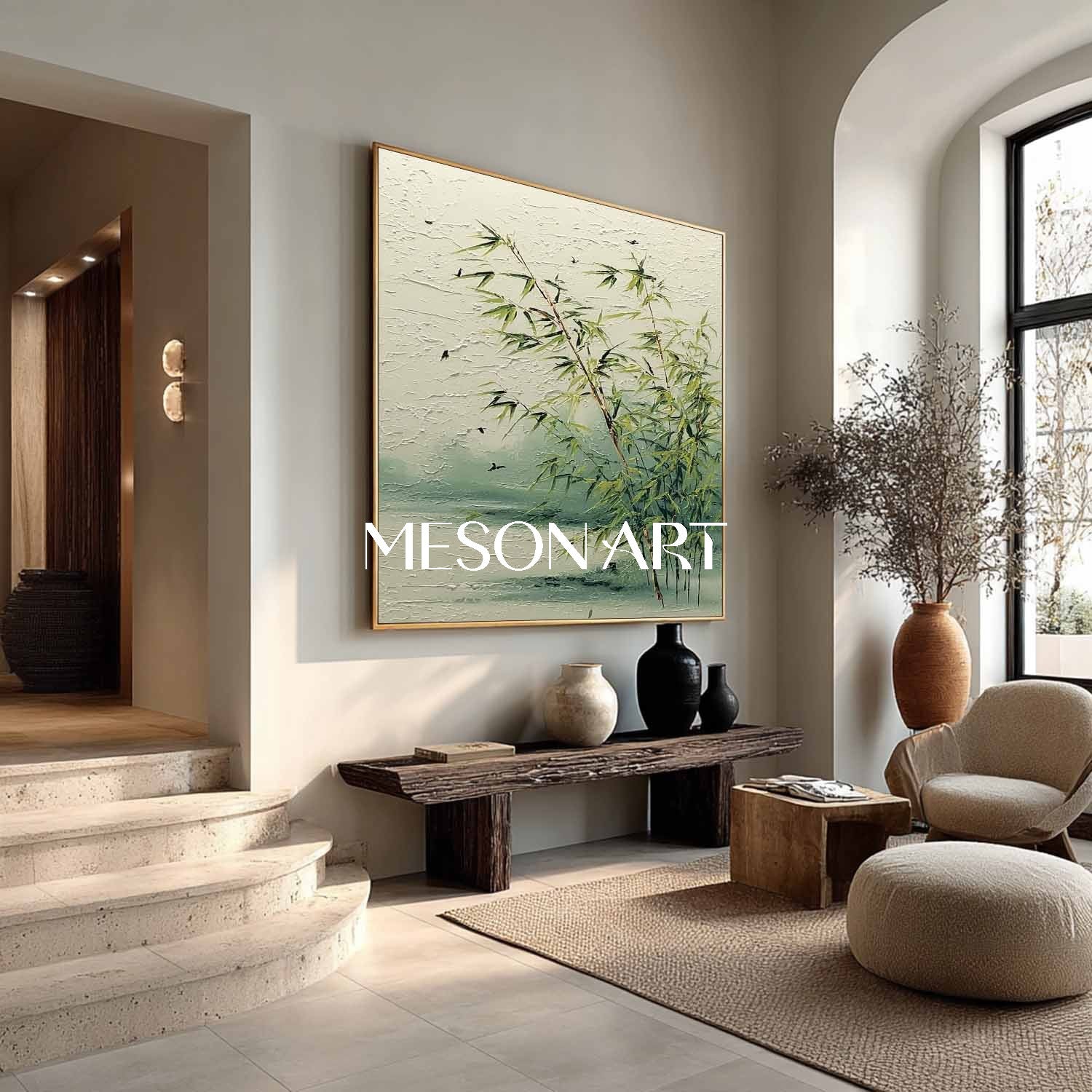 Neutral Bamboo Wall Art – Minimal Zen Landscape on Canvas | Mesonart