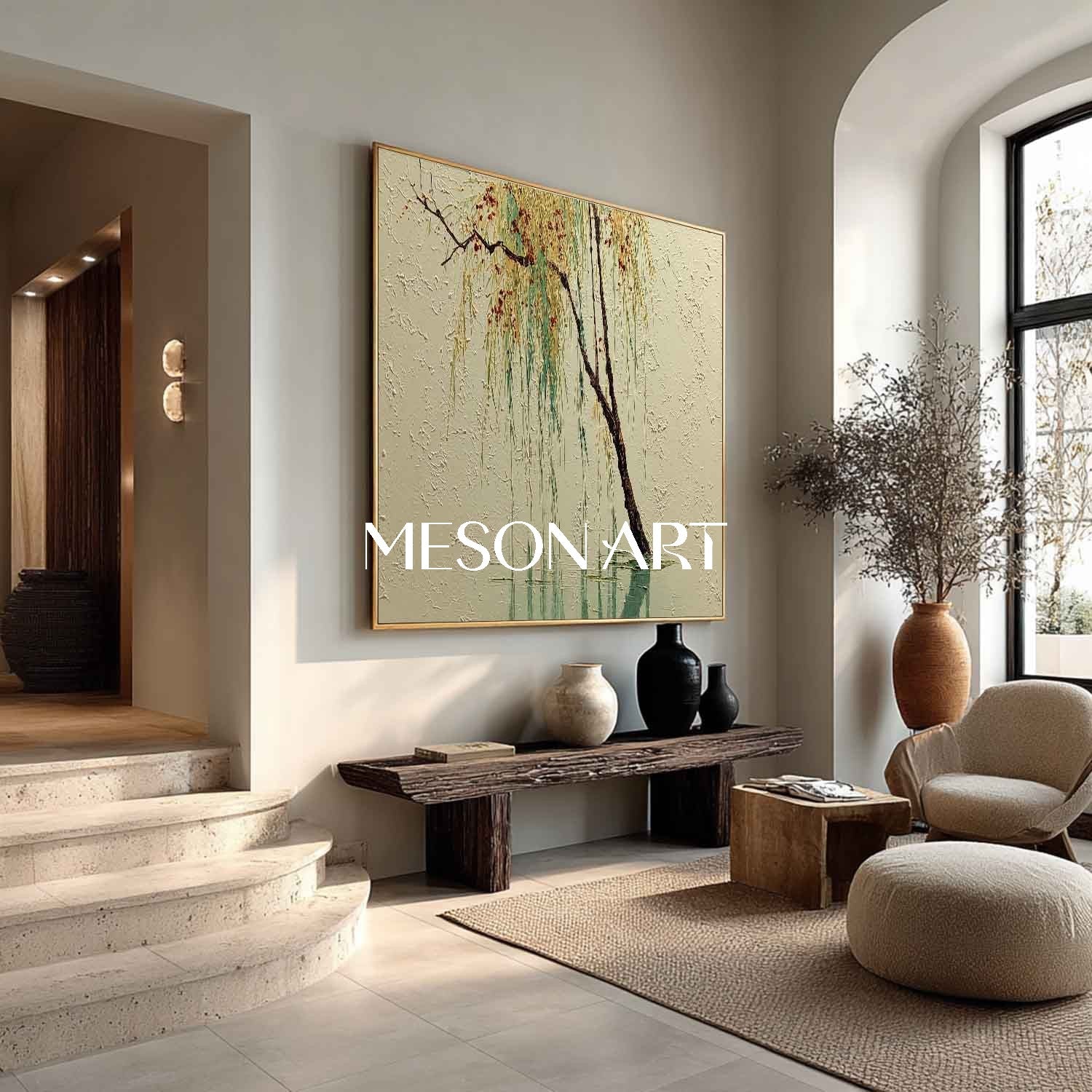Large Scenic Willow Tree Canvas for Living Room Wall | Mesonart Serenity Series