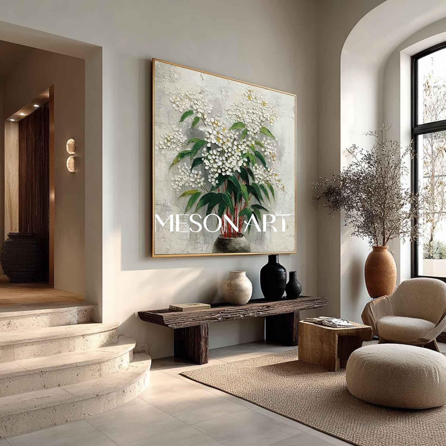 Neutral Tone Flower Wall Decor Square Floral Wall Art Abstract Floral Art for Minimalist Homes