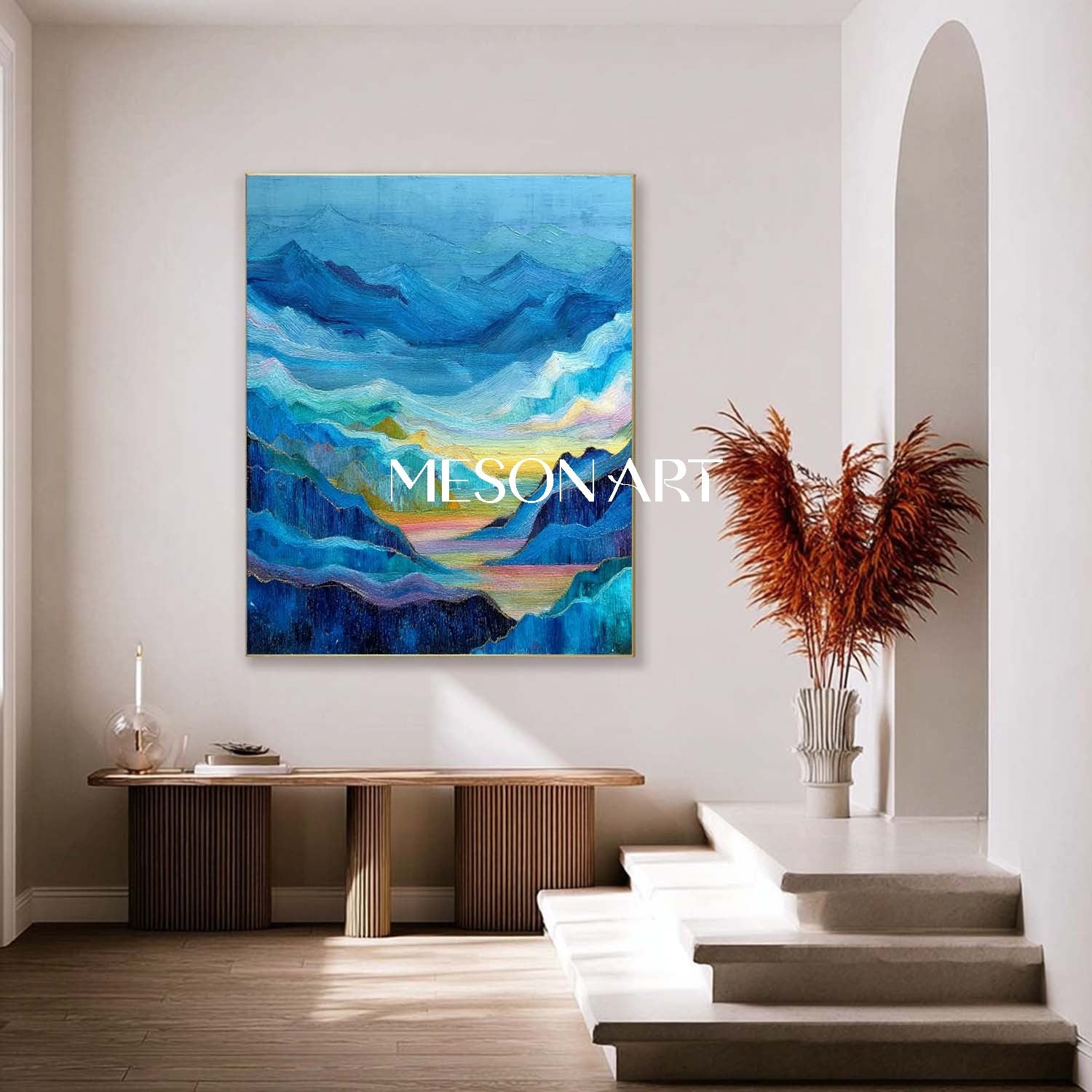 Misty Blue Mountain Canvas - Abstract Textured Landscape Art