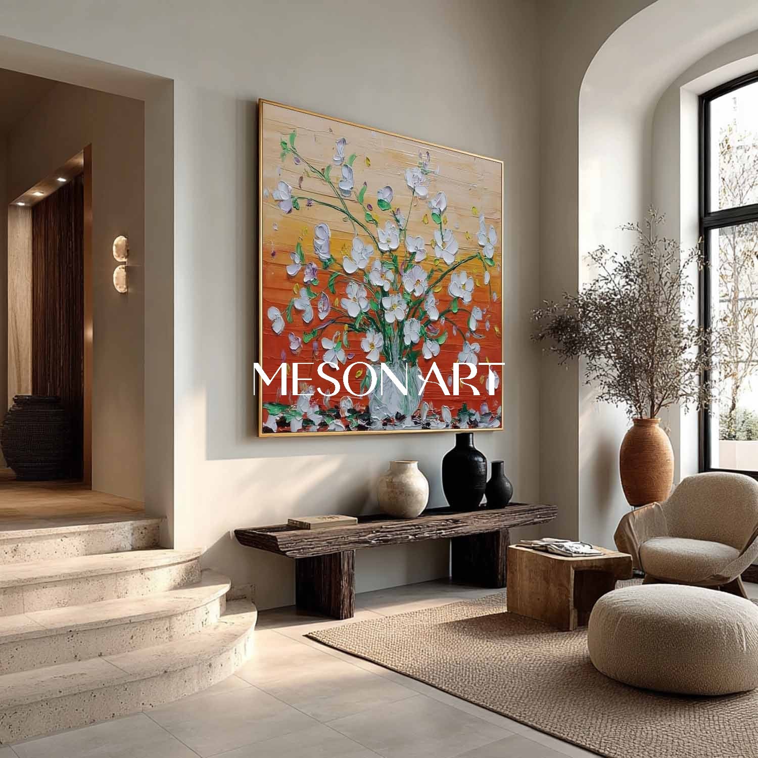 Hand-Painted Abstract Flower Painting on Canvas – Bedroom Wall Decor by Mesonart