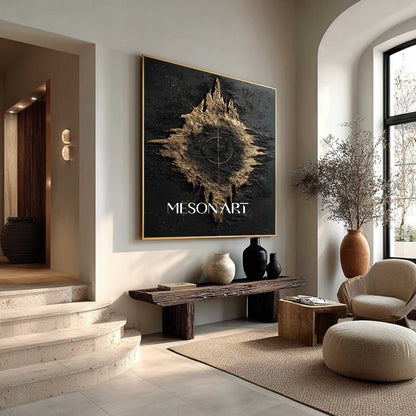 Universe starry sky abstract art Black and gold texture painting Luxury wall decoration idea