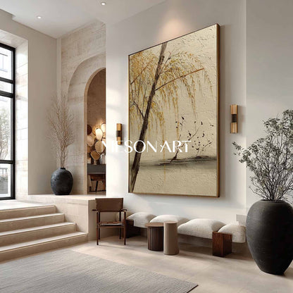Modern Zen-Inspired Nature Painting – Willow Scene on Textured Canvas | Mesonart