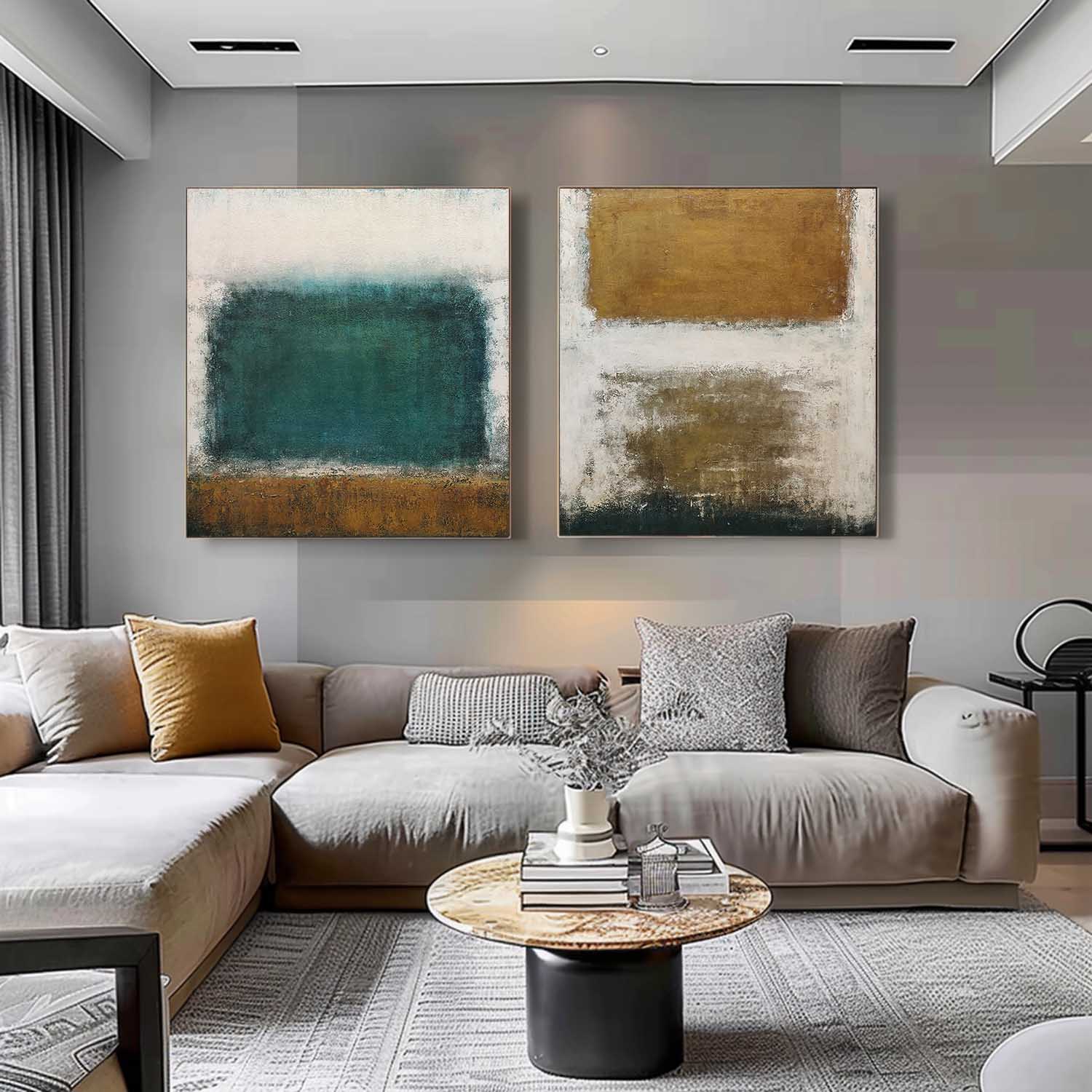Abstract Canvas Art Set of 2 Beige and Blue Textured Paintings Minimalist Gold and White Wall Art
