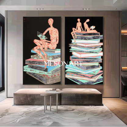 Large 2-piece set of book abstract wall paintings for sale Study room abstract canvas art