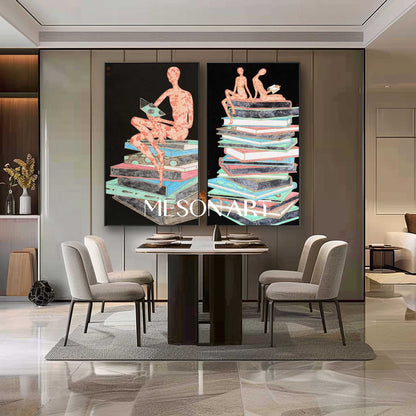 Large 2-piece set of book abstract wall paintings for sale Study room abstract canvas art