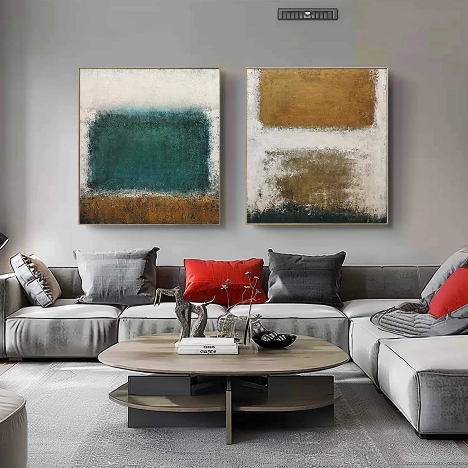 Abstract Canvas Art Set of 2 Beige and Blue Textured Paintings Minimalist Gold and White Wall Art