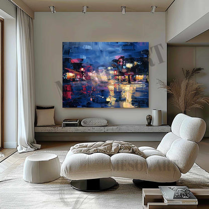 City Night Scene Abstract Blue Painting California Night Scene Canvas Art for Sale City Night Scene Wall Art