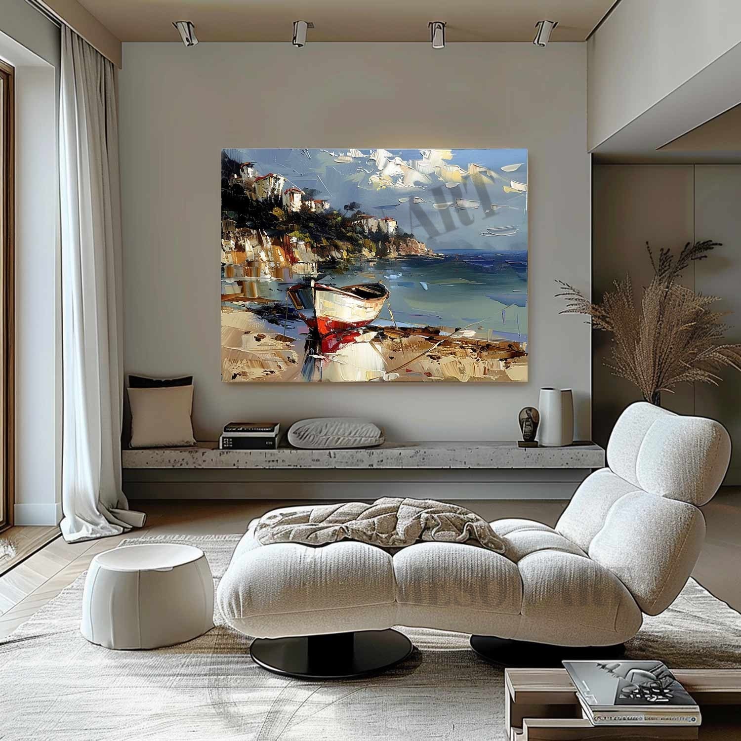 Colorful Coast Ship Scenery Texture Painting 3D Coast Ship Canvas Wall Art Beach Ship Art