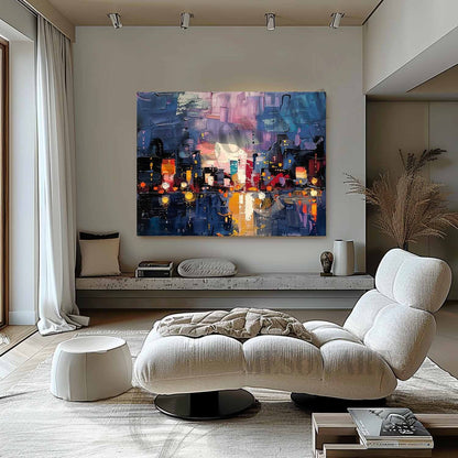 3D City Night Scene Texture Painting 3D Colorful City Night Scene Canvas Wall Art for Sale
