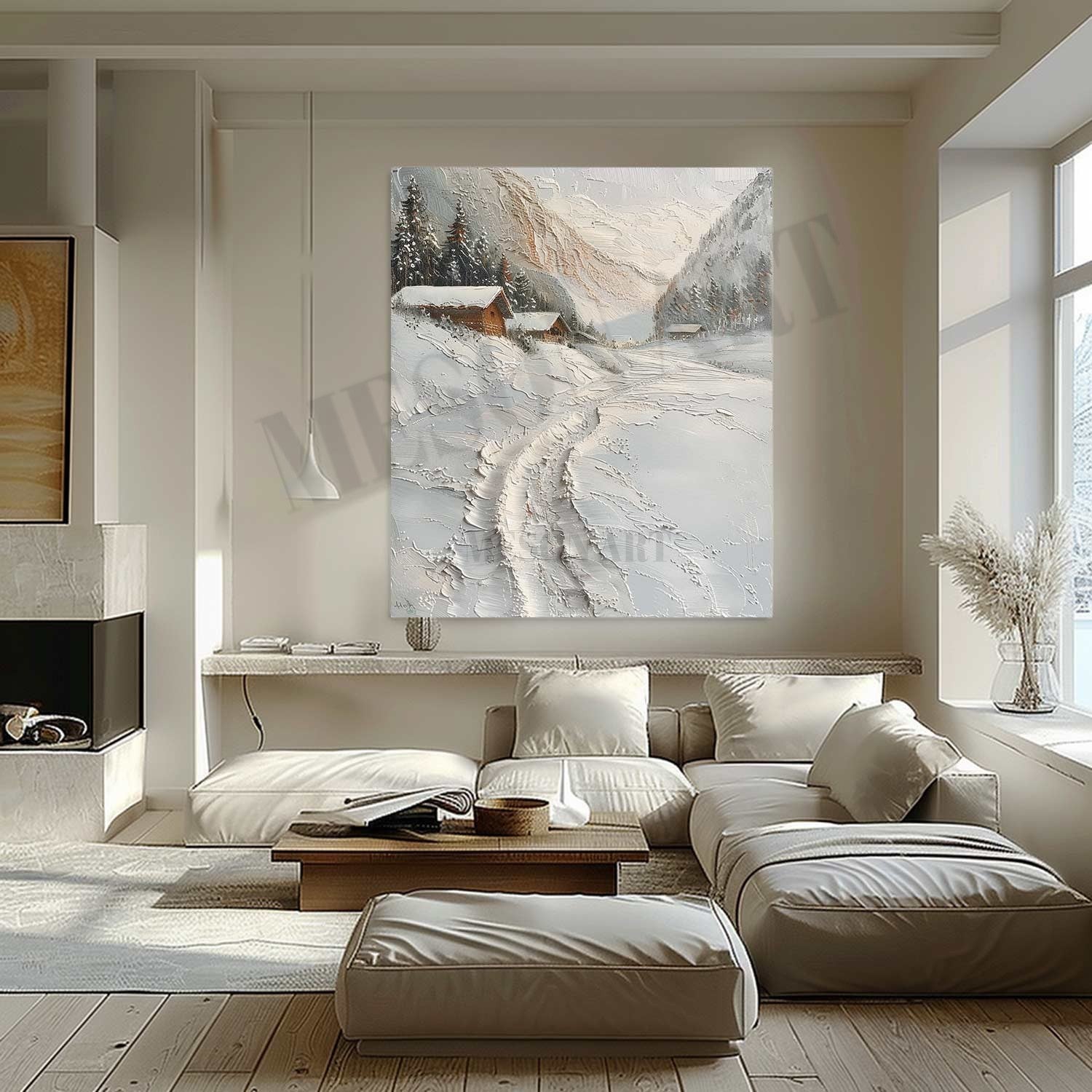 Country Snow Scene Texture Painting Snow Resort Art Canvas Swiss Snowy Sky Wall Art