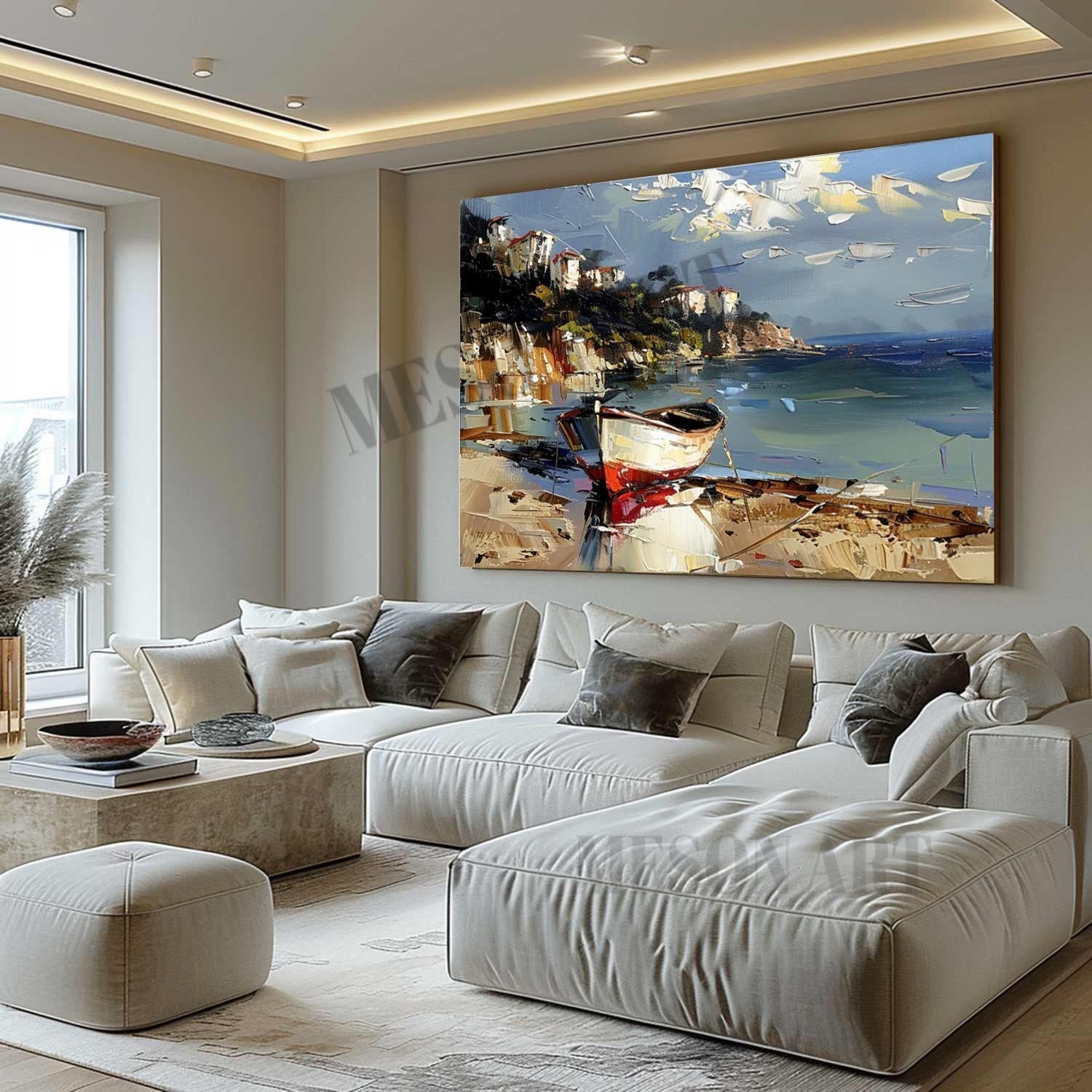Colorful Coast Ship Scenery Texture Painting 3D Coast Ship Canvas Wall Art Beach Ship Art