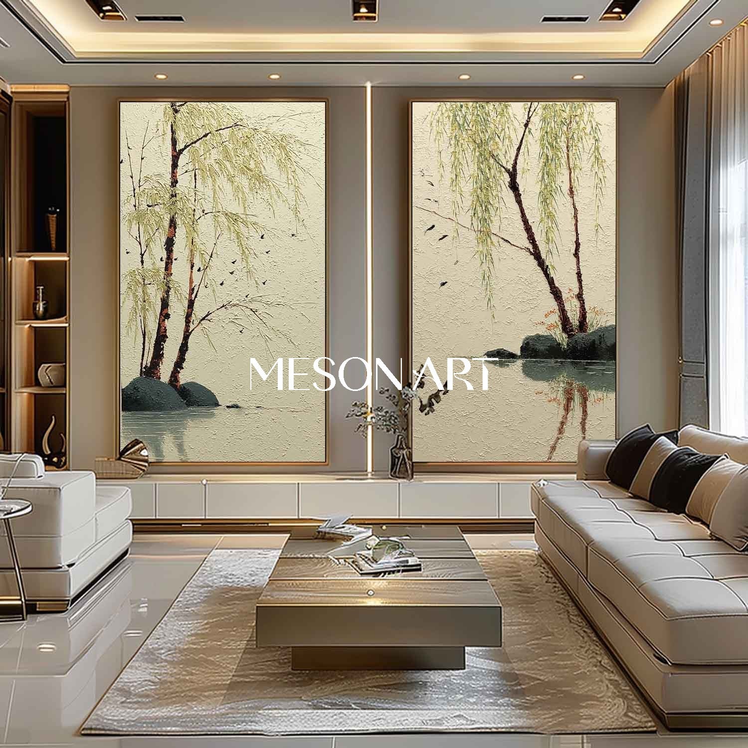 Large 2-piece Textured Chinese-Style Nature Painting on Canvas – Willow Grove Scene | Mesonart