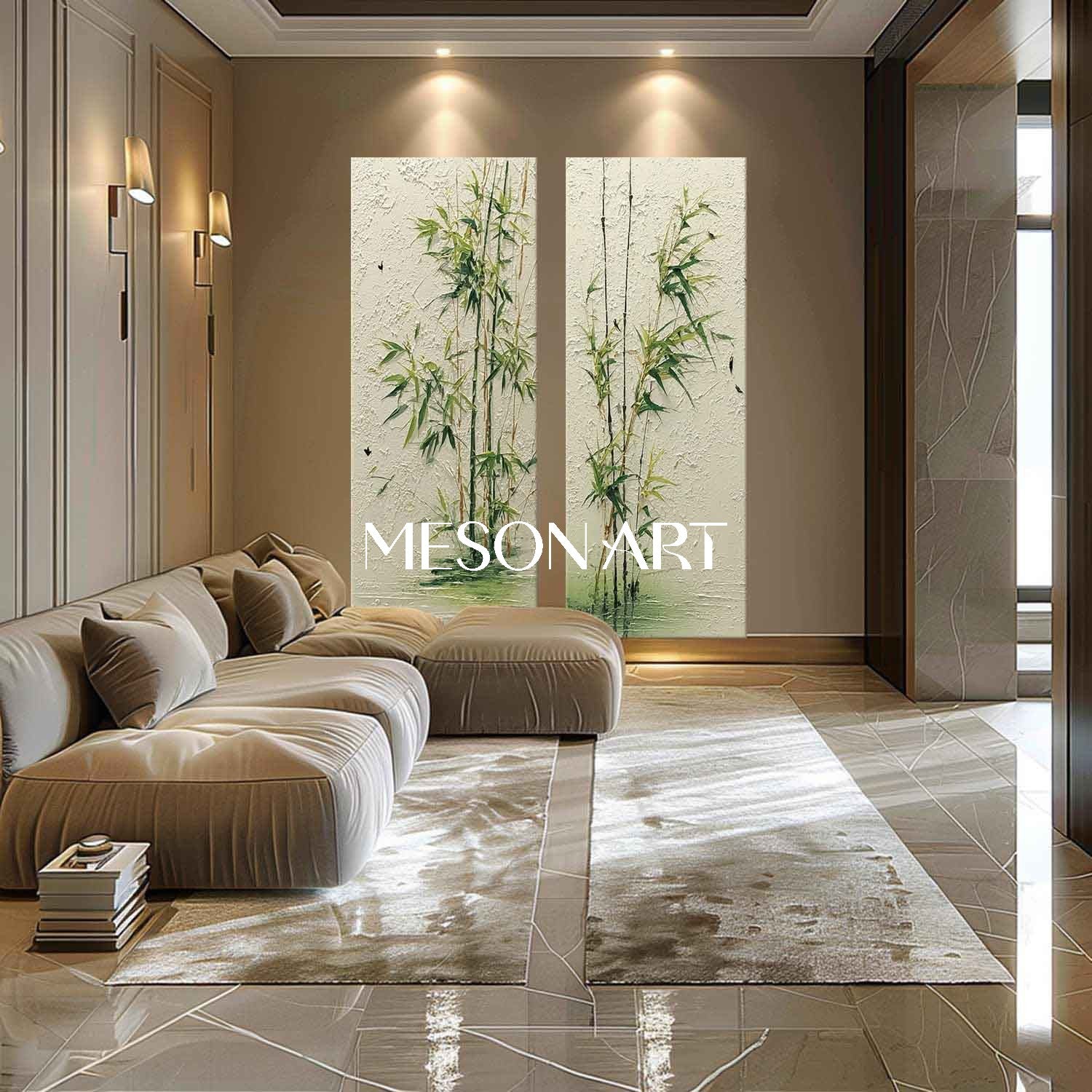 Large 2-piece Minimal Bamboo Forest Painting for Calm Entryways | Mesonart Future Earth Collection