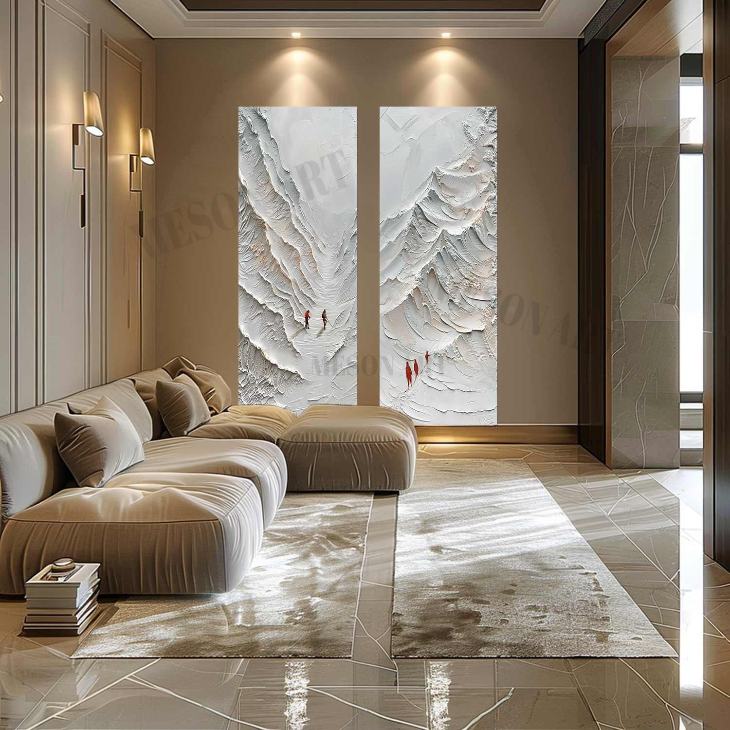 Large 3D White Snow Mountain Texture Painting Set of 2 White Mountain Climber Canvas Wall Art