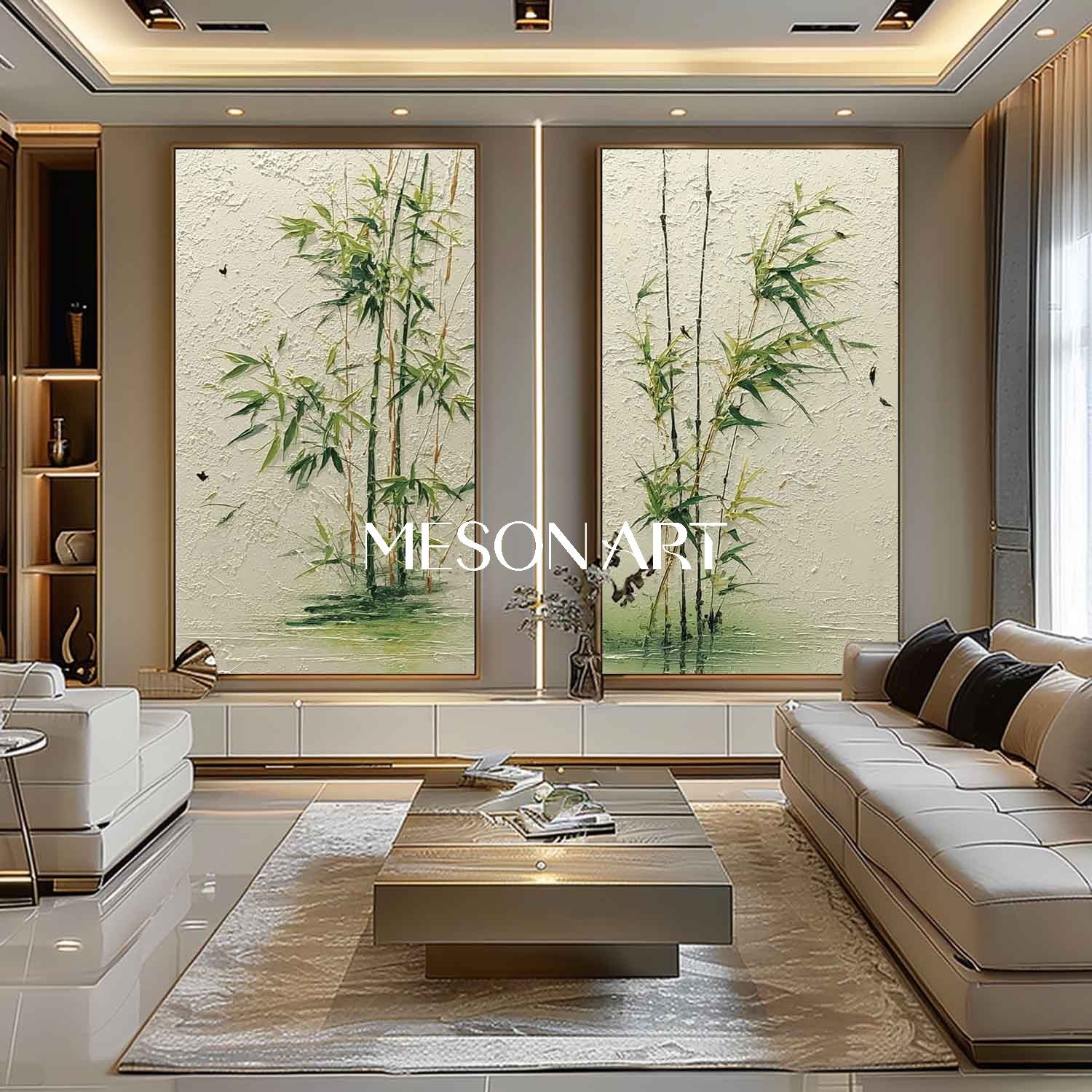 Large 2-piece Minimal Bamboo Forest Painting for Calm Entryways | Mesonart Future Earth Collection