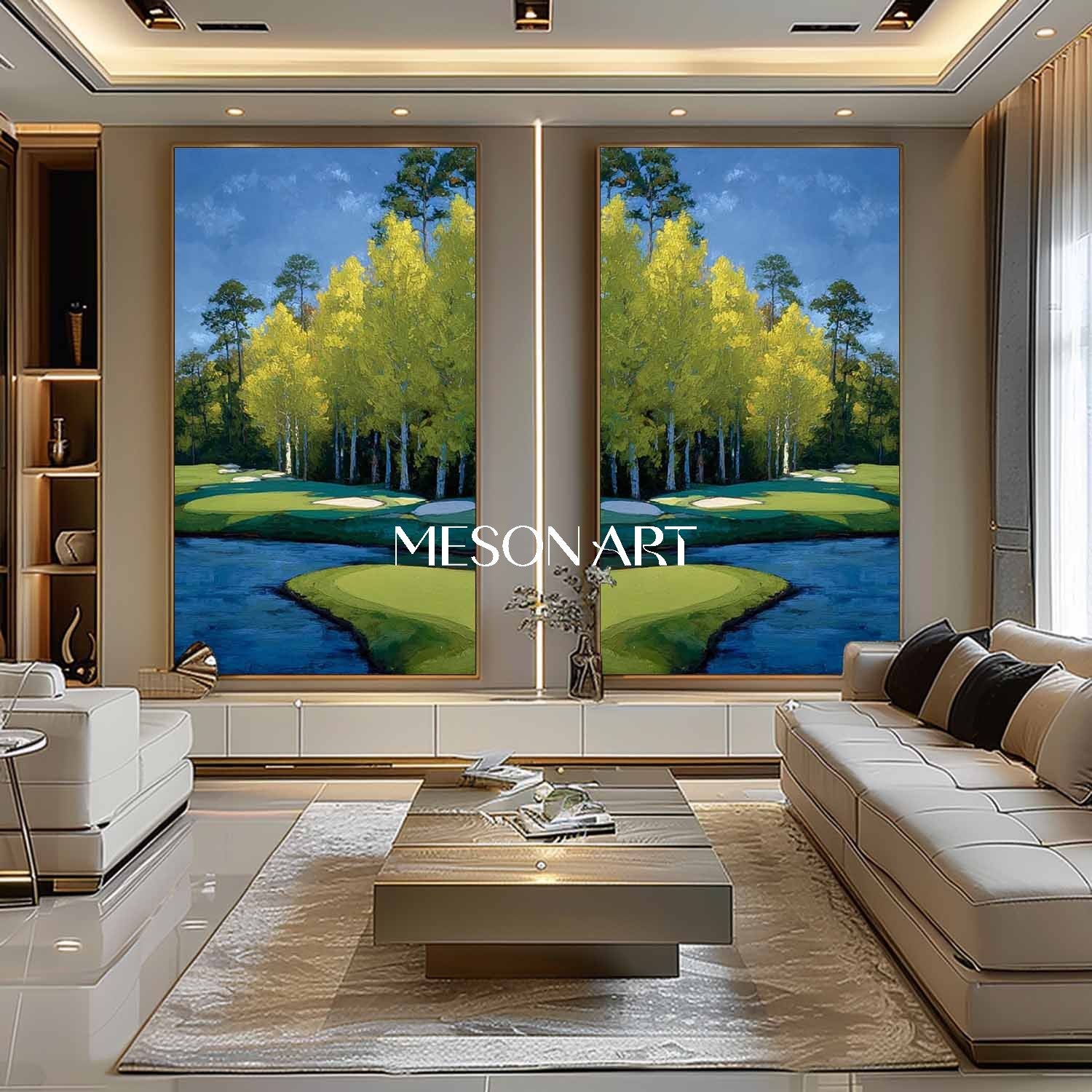 Large Handmade Blue Landscape Painting 2-piece Set Scenary Art Hallway