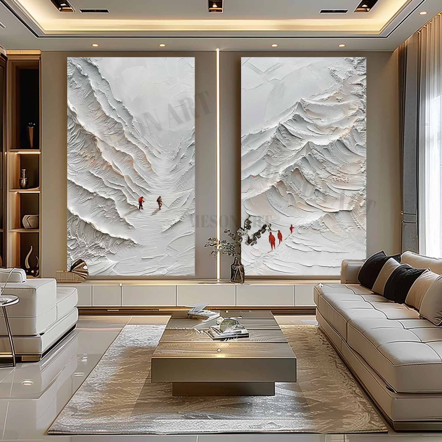 Large 3D White Snow Mountain Texture Painting Set of 2 White Mountain Climber Canvas Wall Art