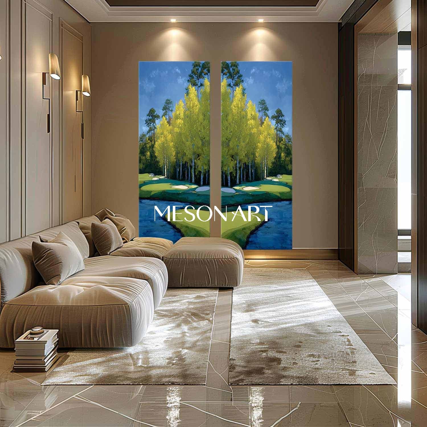 Large Handmade Blue Landscape Painting 2-piece Set Scenary Art Hallway