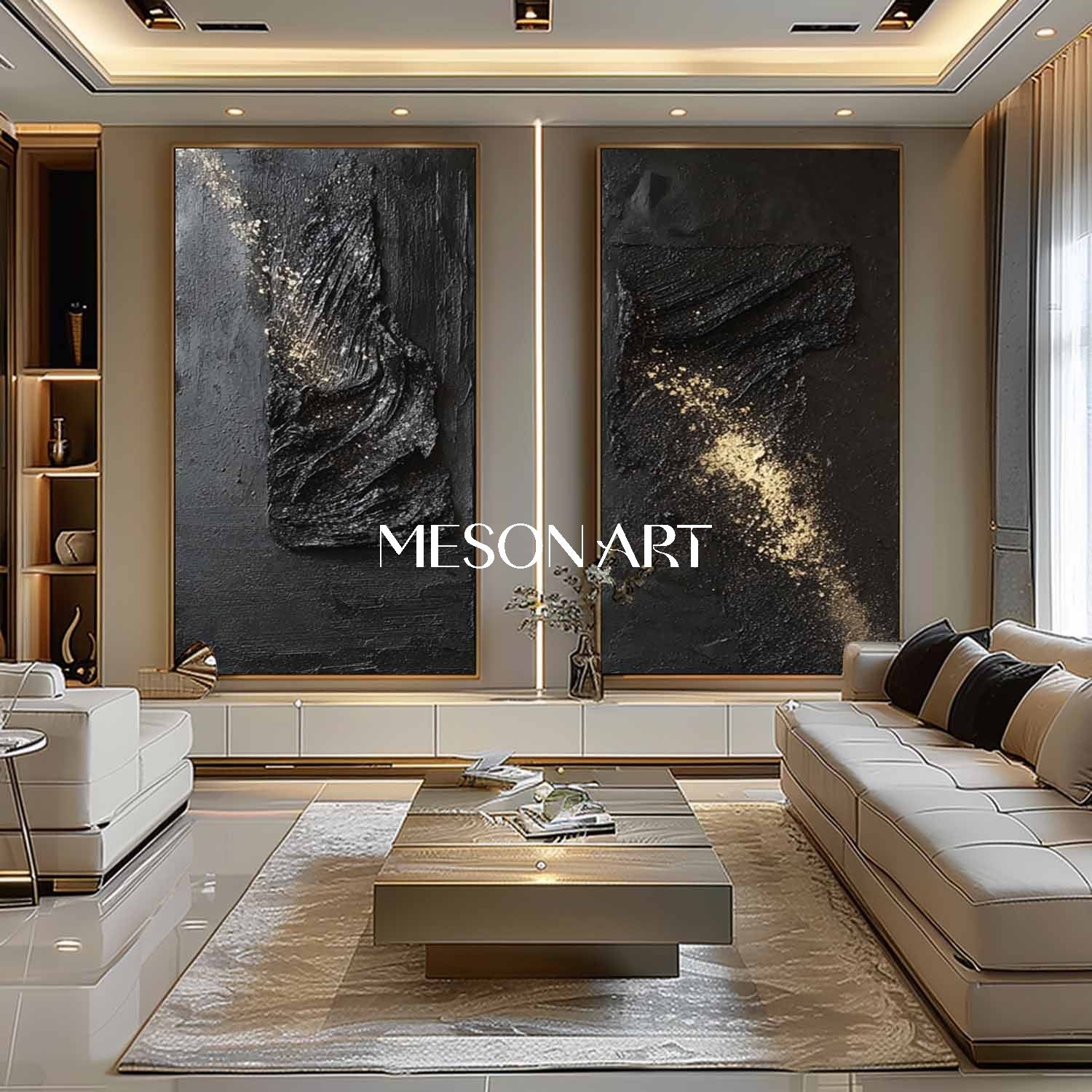 Large 3D Black and Gold Abstract Art Set of 2 for Sale Modern Fireplace Wall Art Decor