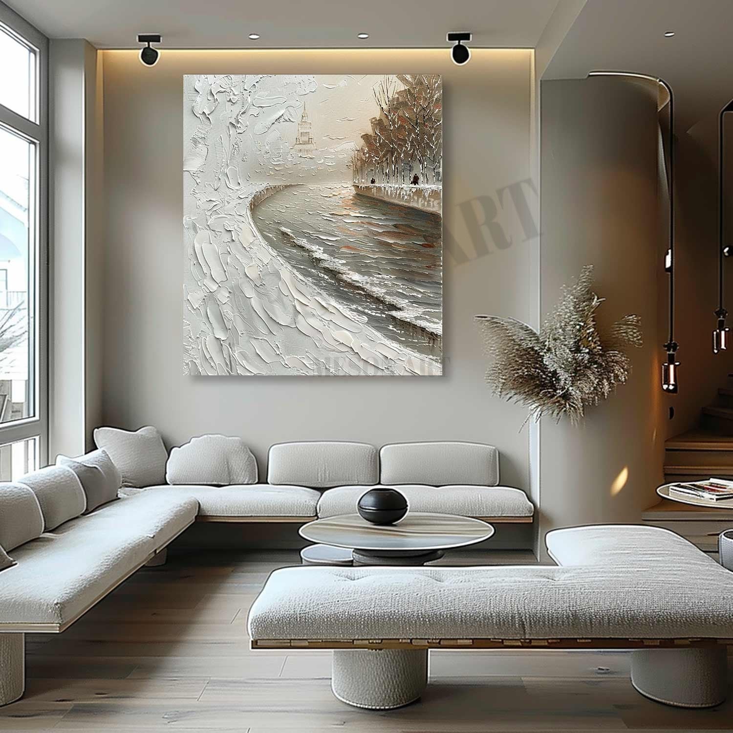 French Seine River Abstract Textured Painting Seine River Art Canvas Snowy Seine River Wall Art