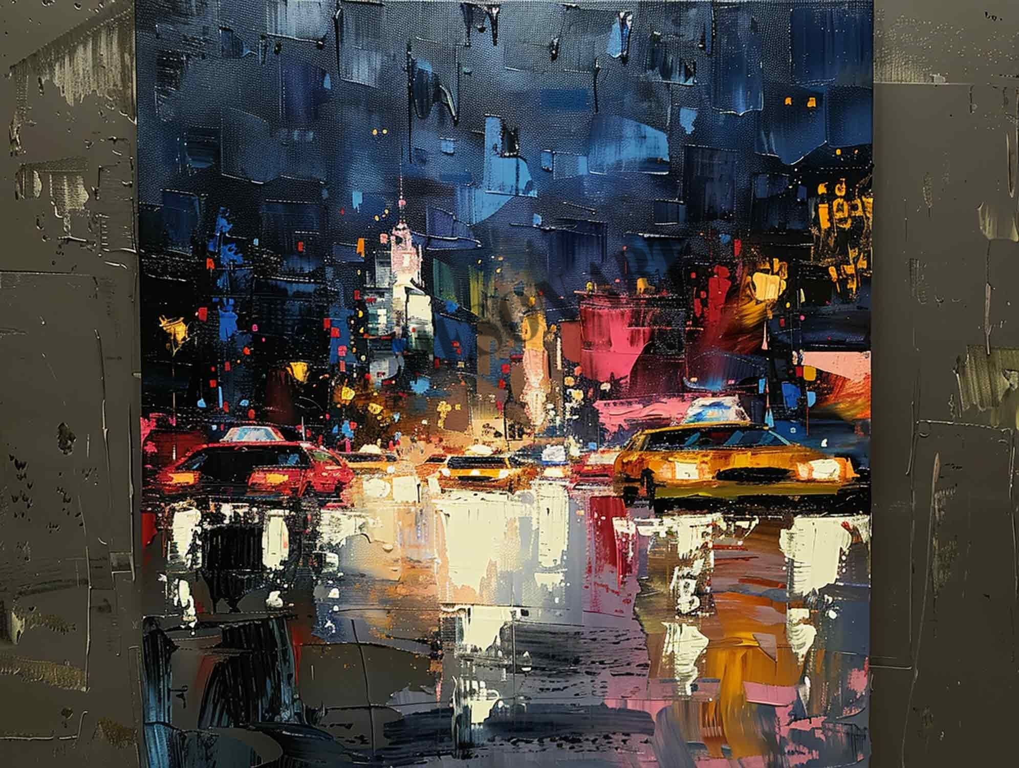 City Street Night Scene Texture Painting 3D Colorful City Street Night Scene Canvas Wall Art