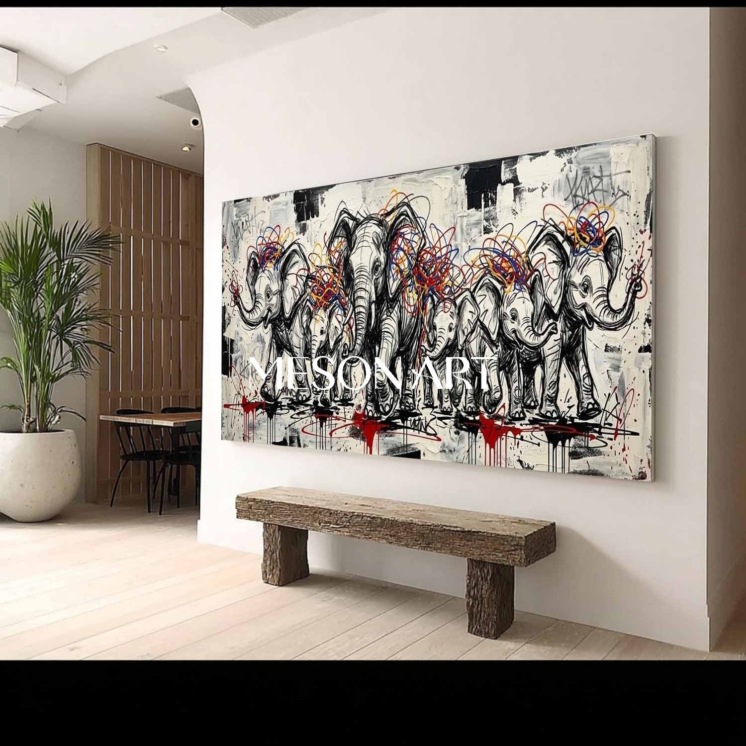 Modern Abstract Elephant Family Canvas Painting Graffiti Animal Wall Decor