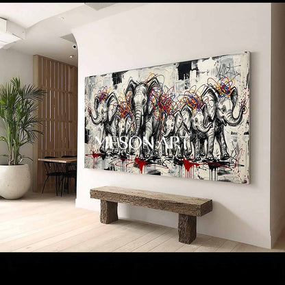 Modern Abstract Elephant Family Canvas Painting Graffiti Animal Wall Decor