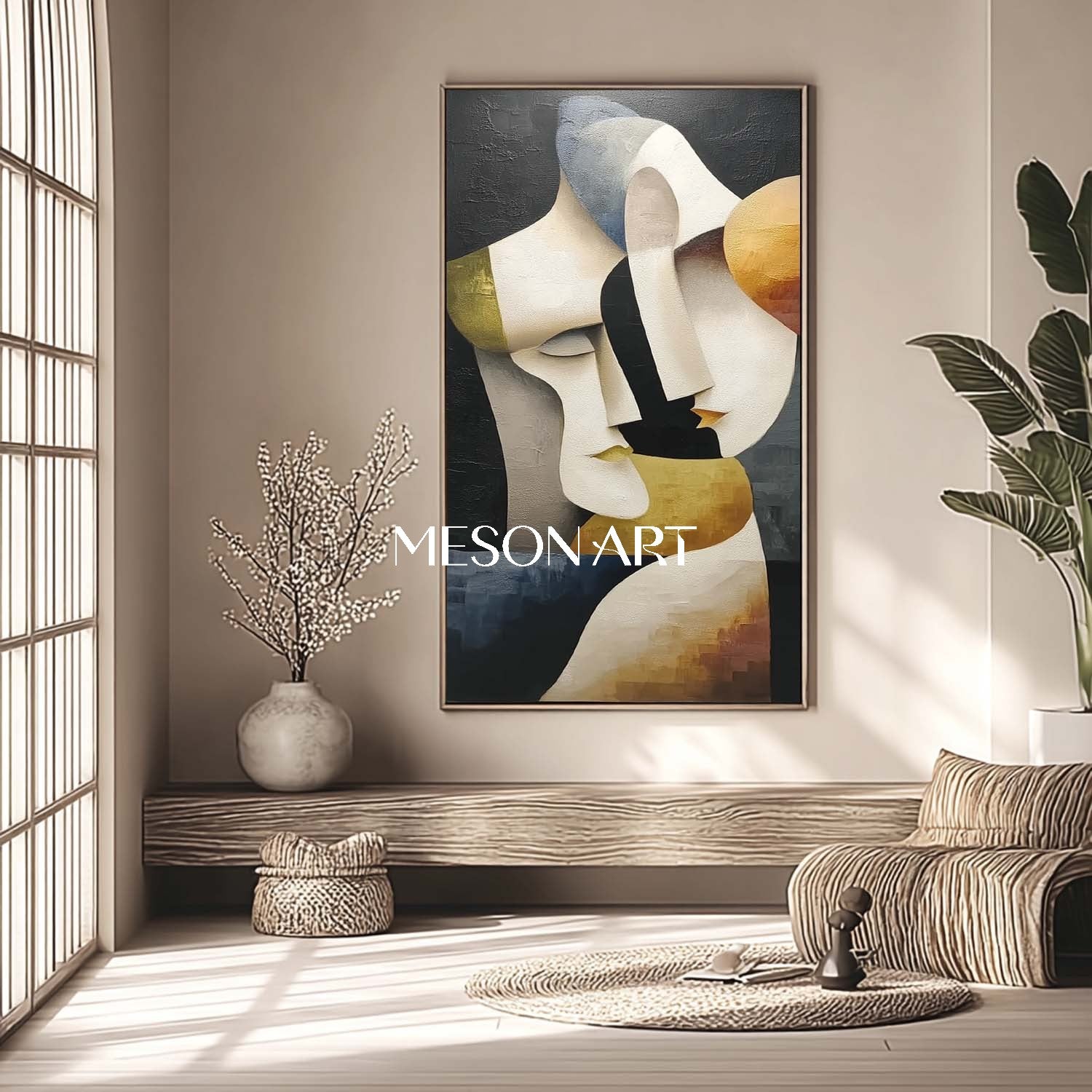 Cubist Vertical Gold Geometric Abstract Couple Original Oil Painting