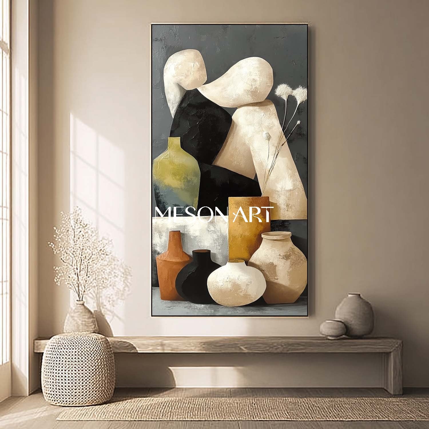 Large Vase Painting Abstract Canvas Textured Neutral Pottery Wall Art