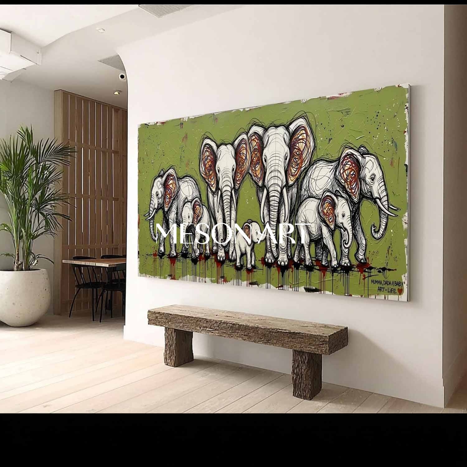 Abstract Elephant Family Oil Painting Large 3D Textured Canvas Wall Art Green Modern Home Decor