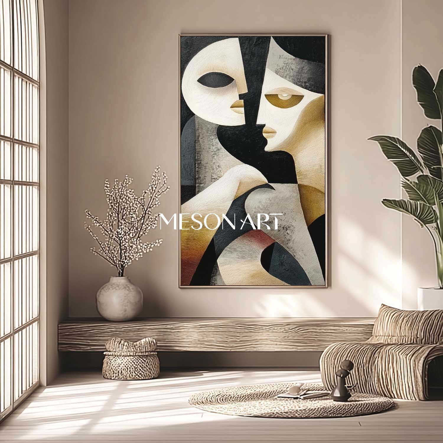 Black Vertical Abstract Cubist Textured Painting Canvas Living Room