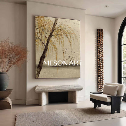 Modern Zen-Inspired Nature Painting – Willow Scene on Textured Canvas | Mesonart