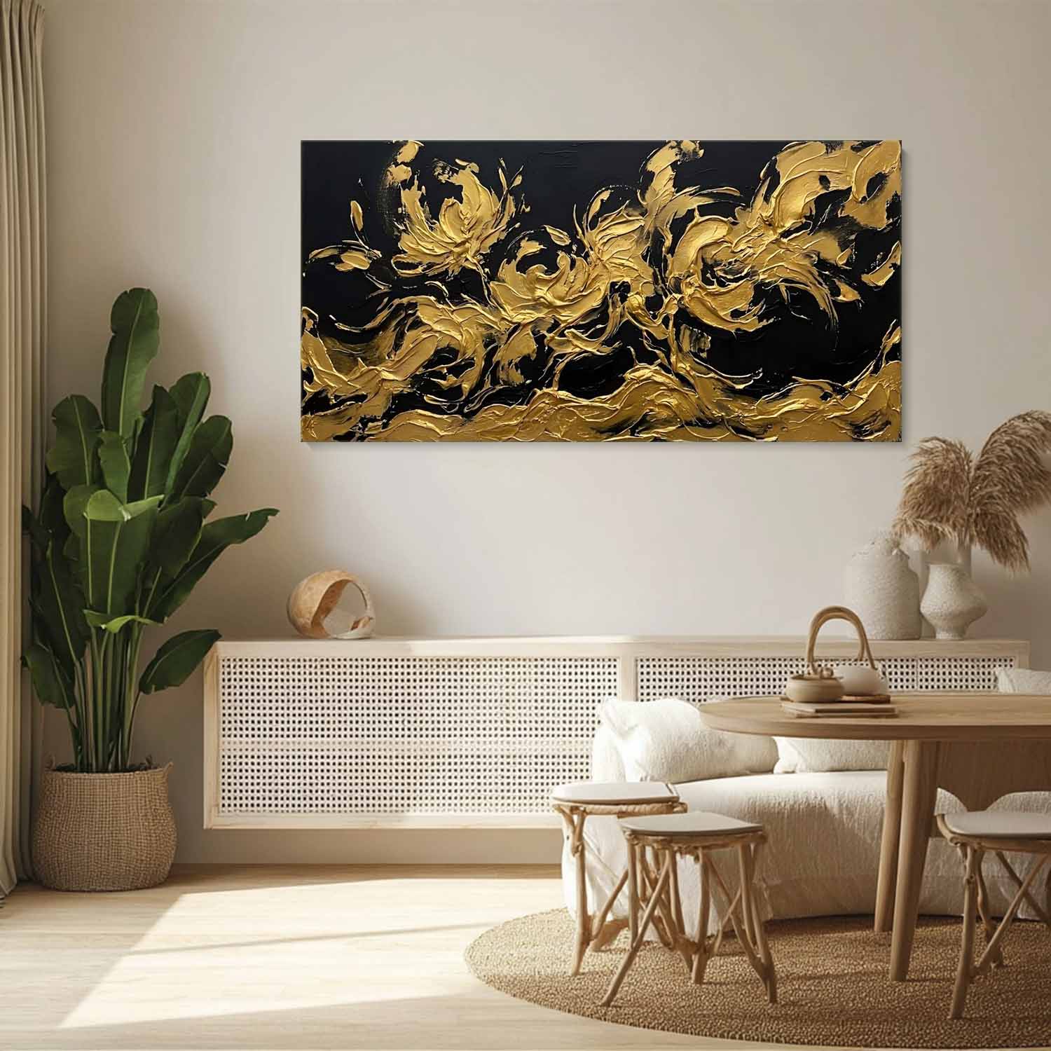 Panoramic Black And Gold Abstract Flower Art 3D Abstract Texture Decor