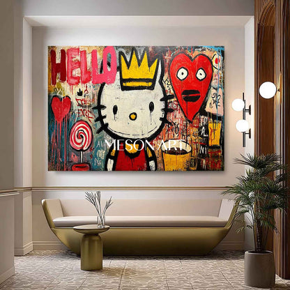 Red Pop Art Graffiti Cat Oil Painting Handmade Wall Art Decor Bedroom