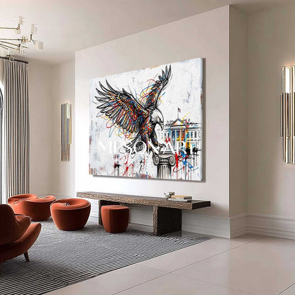 Modern Pop Art Bald Eagle & White House Textured Canvas Painting Abstract Line Art Eagle Graffiti Style Animal Art