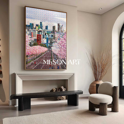 Sakura City Street Canvas Painting Contemporary Cherry Blossom Urban Wall Art
