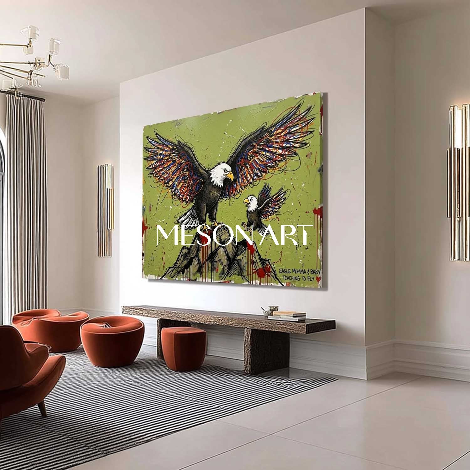 Modern Graffiti Bald Eagle Mother & Baby Teaching to Fly Canvas Wall Art