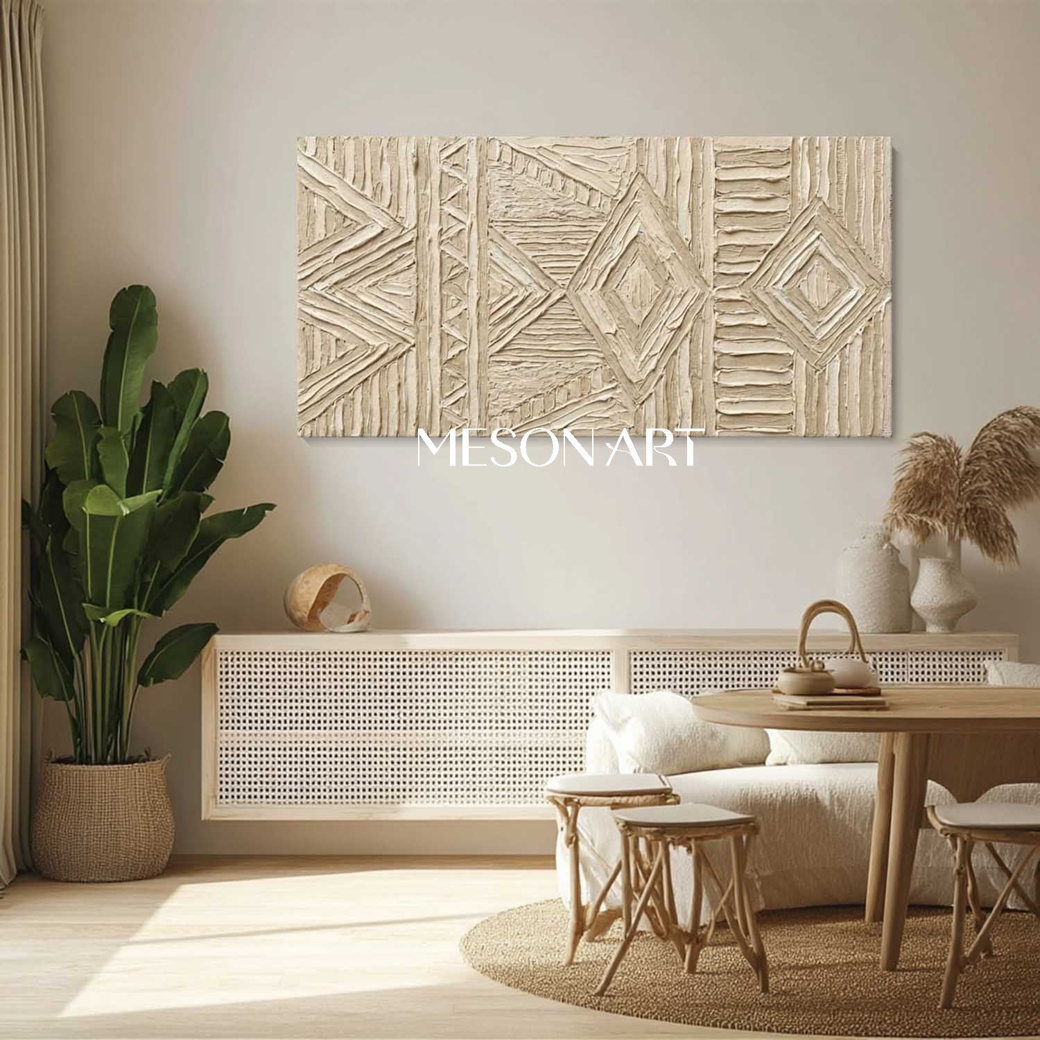 Panoramic Beige Tribal Geometric Art | 3D Textured Relief Decor